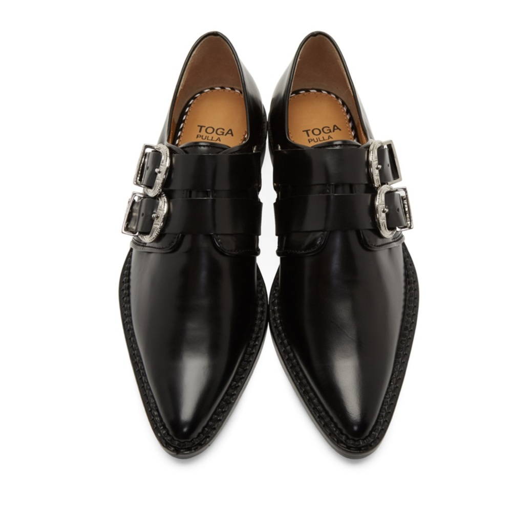 TOGA Pulla Black Leather Loafers with Silver Buckles